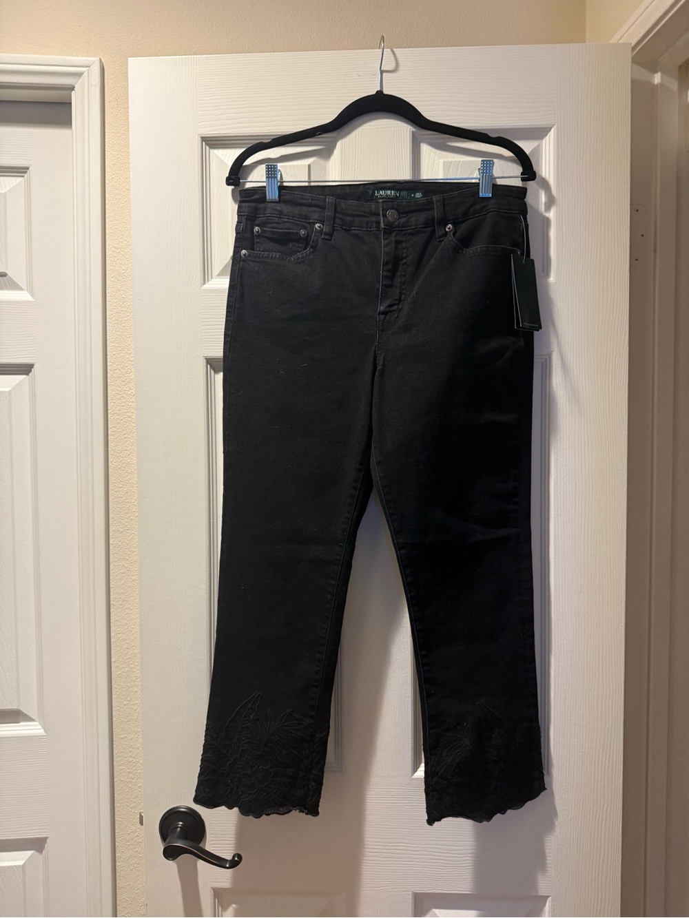 Lauren Ralph Lauren Black Flare Wide Leg Embroidered Capri Jeans